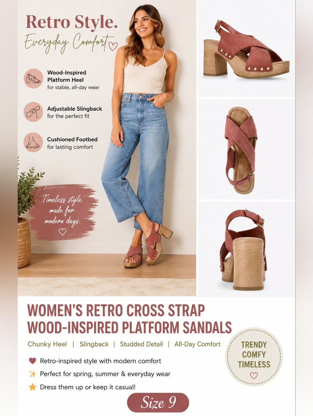 Time and Tru Dusty Rose Crisscross Platform Sandal with Wood-Look Heel
